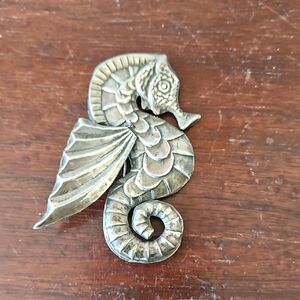 Vintage Large Sterling Silver Seahorse Brooch Marked Made In Mexico